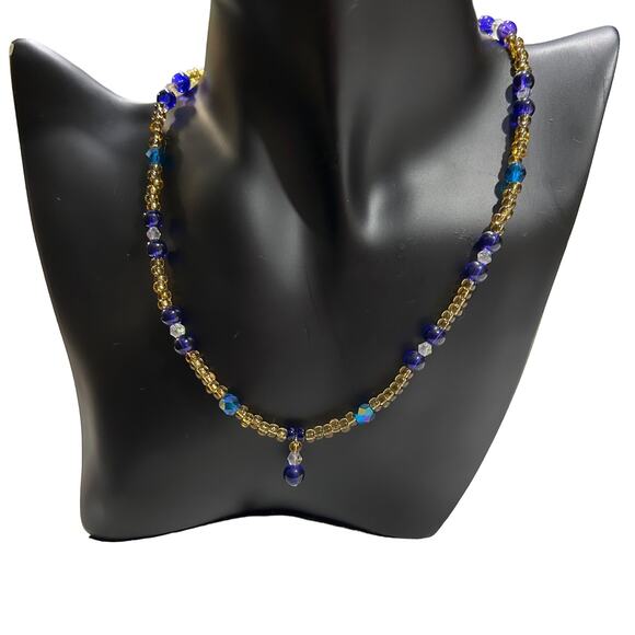 Gold and Blue Beaded Necklace - Picture 2 of 4